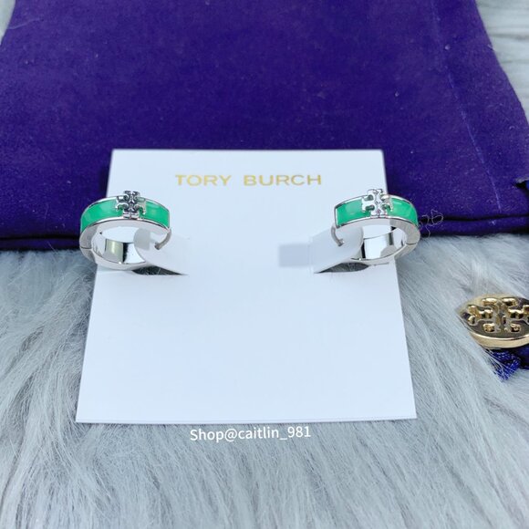 Tory Burch Kira Enamel Huggie Hoop Earring Shiny Hematite/green - Picture 2 of 5